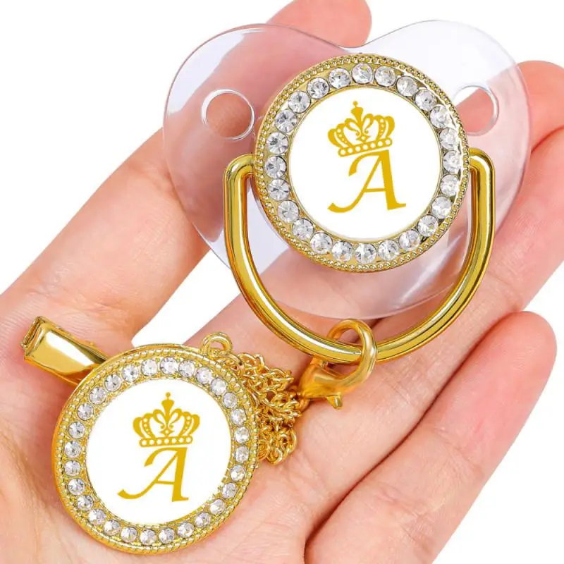 26 name initial letter baby pacifier gold imperial crown pacifier clips BPA free silicone infant nipple newborn dummy soother silicone pacifier