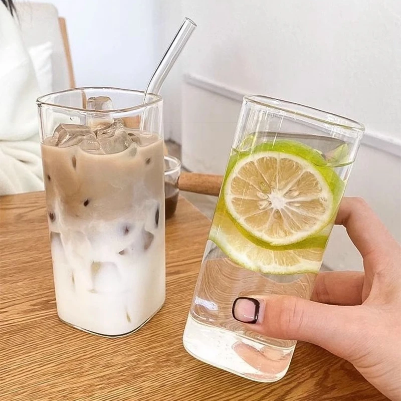 Glass Cup 400ml Square Heat Resistant Coffee Glass Cup With Lid Straw Transparent Milk Tea Juice Cup Coffee Mug For Home Bar