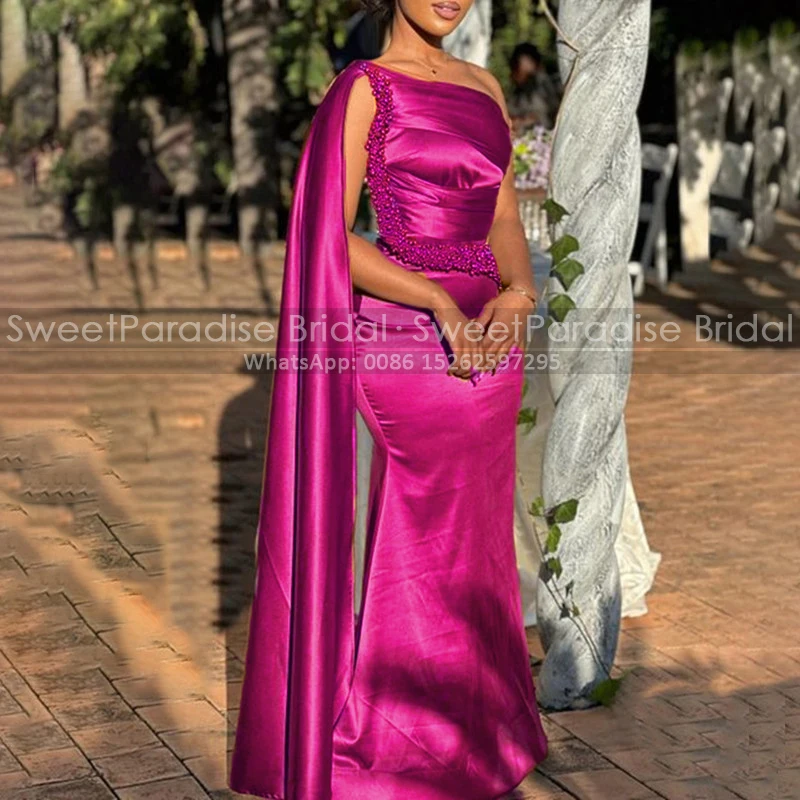 

Mermaid Heavily Beaded Evening Dress Long Cap One Shoulder Sleeveless Sheath Women Reception Dresses Party For Women