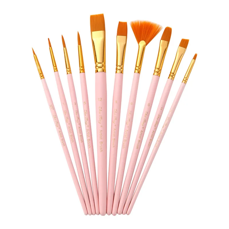 10pcs Nylon Artist Paint Brushes Set with Fan Brush Professional Watercolor Acrylic Wood Handle Painting Brushes Art Supplies