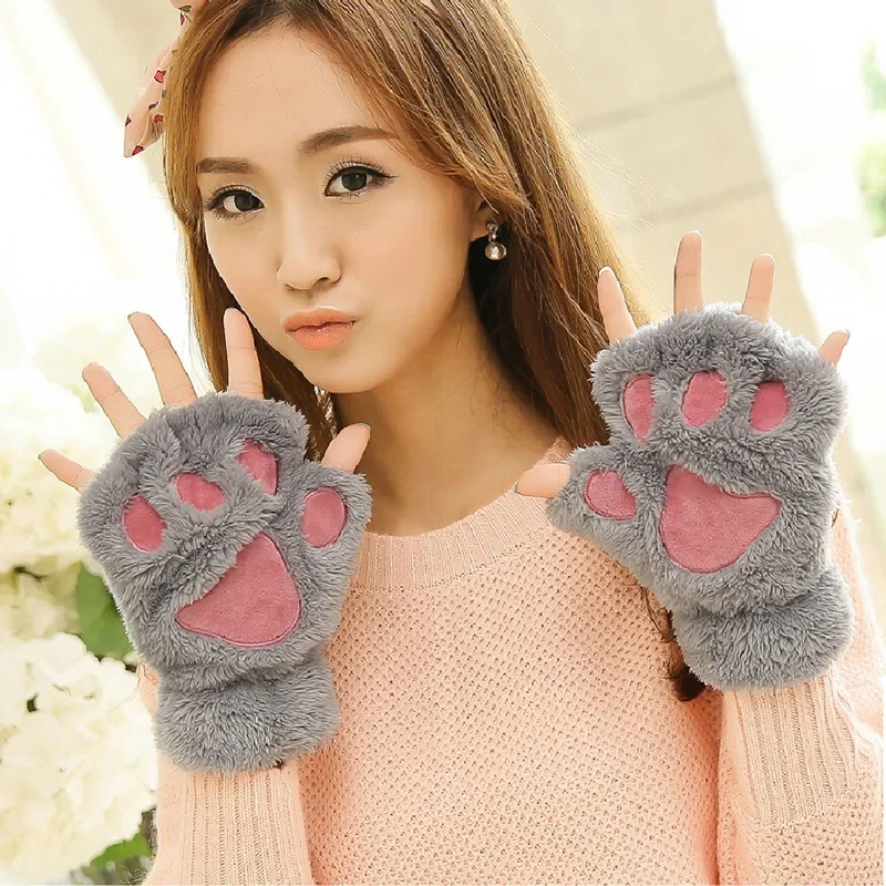 

2024 New Cat Paw Gloves Winter Cute Cartoon Girl Open Finger Gloves Thickened Fluffy Bear Paw Half Finger Gloves