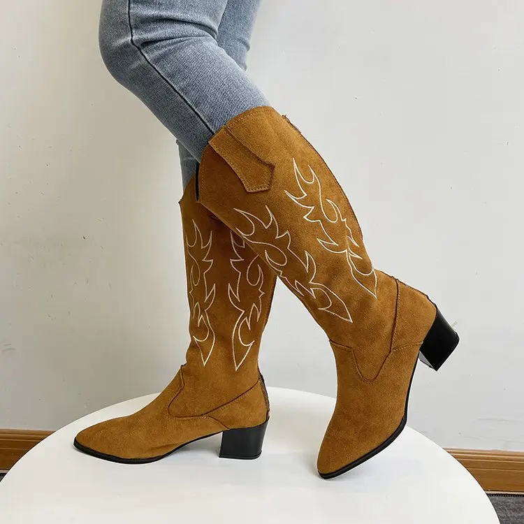 Fashion Retro Ethnic Style Mid-boots 2022 New Autumn and Winter Suede Western Cowboy Embroidery Thick-heeled Knight Boots