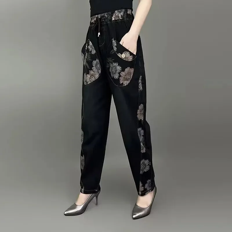 Plus Size 3XL Fat Fleece Jeans For Women Straight Trousers Wide Leg Loose Fit Tight Elastic Waist Slimming For Women Denim Pants