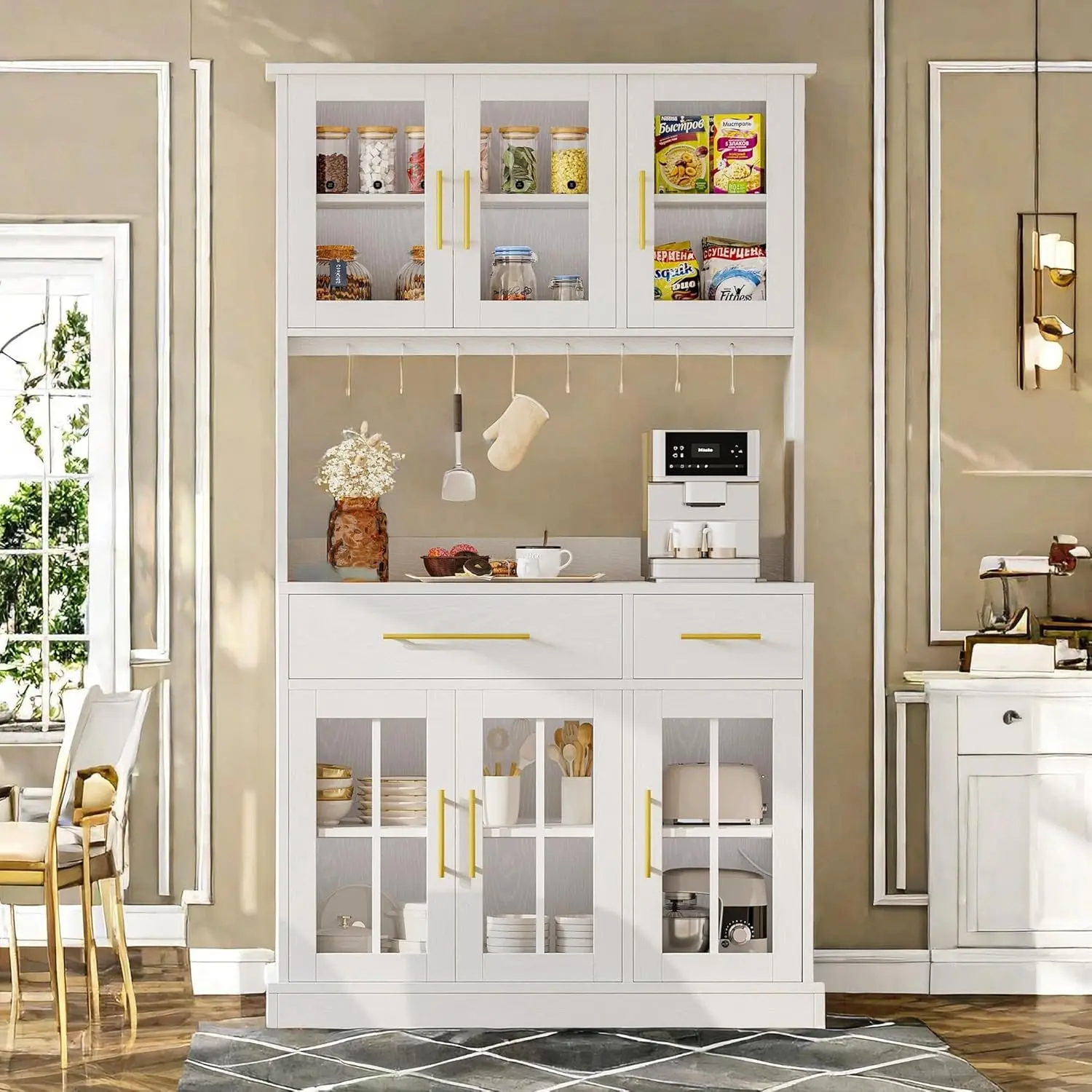 Kitchen Pantry Storage Cabinet with Microwave Stand, 71'' Tall Kitchen Hutch Cabinet with Power Outlet, Modern Food