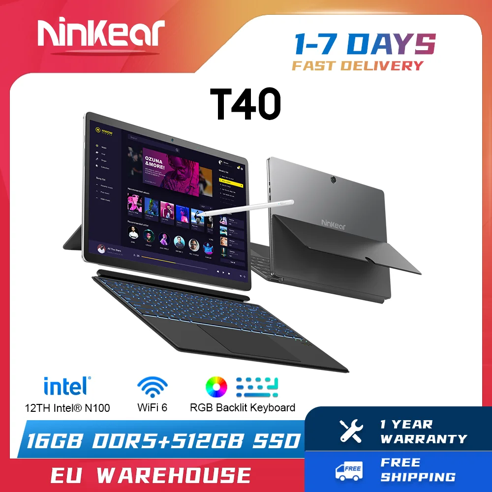 Ekran dotykowy laptopa Ninkear T40 2 w 1 Tablet Intel N100 14 Cal FHD 16GB DDR5 + 512GB SSD Wifi 6 podświetlana klawiatura RGB z rysikiem