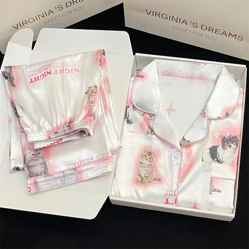 Ling Cute Cat Print Summer Girl's Pjs Ice Silk 2 Pcs Homewear Long 2Pcs Fashion Pajama New Thin Pajamas for Women Silk Home Set