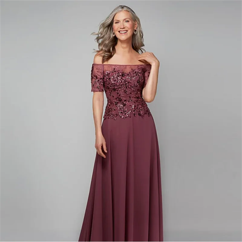 Elegant A-Line Burgundy Mother of the Bride Dresses Boat Neck Short Sleeve Appliques Chiffon wedding party dress 2024