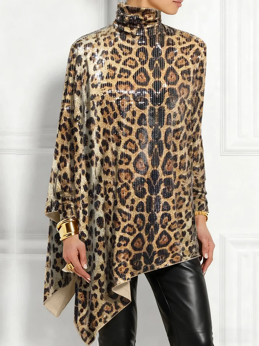 Lässige Pailletten-Blusen mit Unregelmäßigem Saum für Damen Eleganter Leoparden-Hochkragen Langarm Lose Oberteile Party Metallic Brauner Pullover