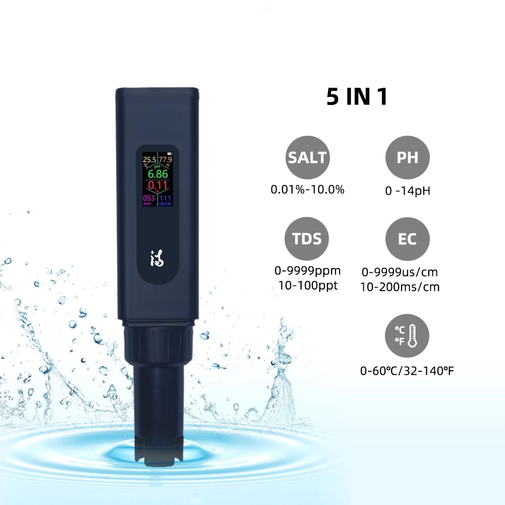 

T50 5 in 1 PH Water Quality Tester Digital Salinity Meter EC TDS TEMP Monitor Rechargeable Test for Driking Water Farm Pool