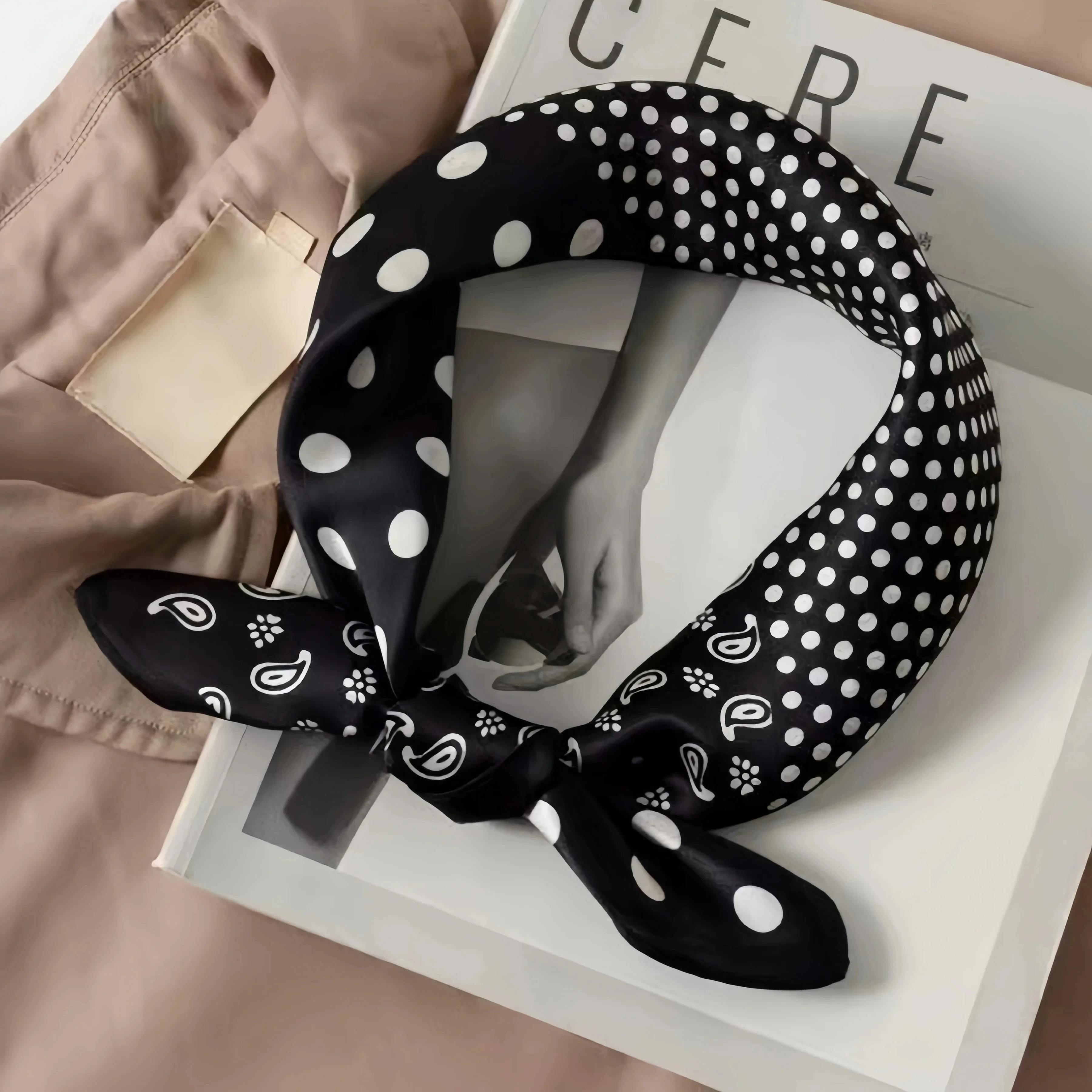 Luxury Polka Dot Paisley Print Square Scarf Black White Thin Decorative Neck Scarf Hairbands Sunscreen Headscarf For Women 4