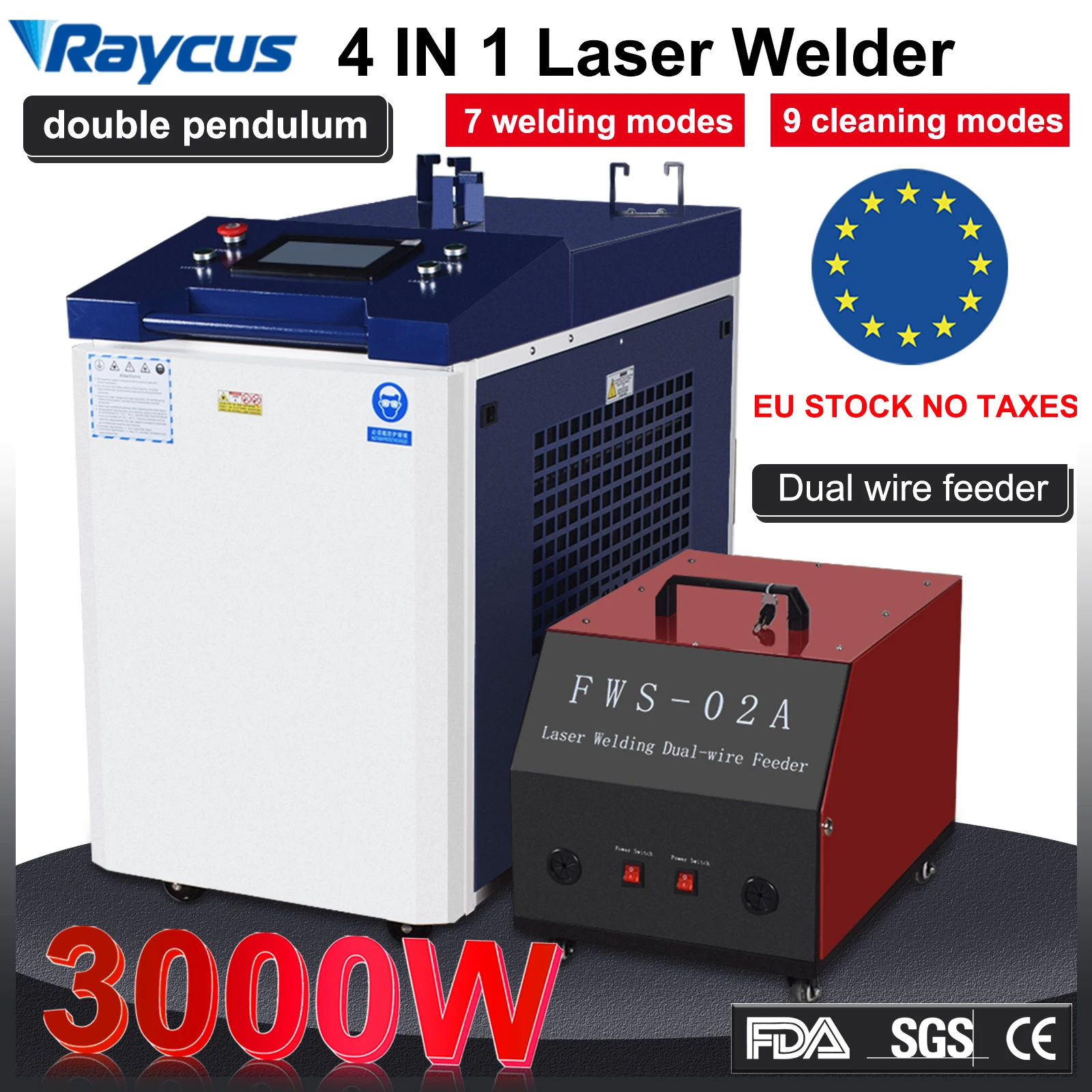 3000W Raycus 4-in-1 Laser-Schweiß-, Reinigungs- und Schneidegerät für Metall, Doppelpendel-Laserschweißgerät mit Doppeldrahtvorschub, EU-Lagerbestand – Detail 1