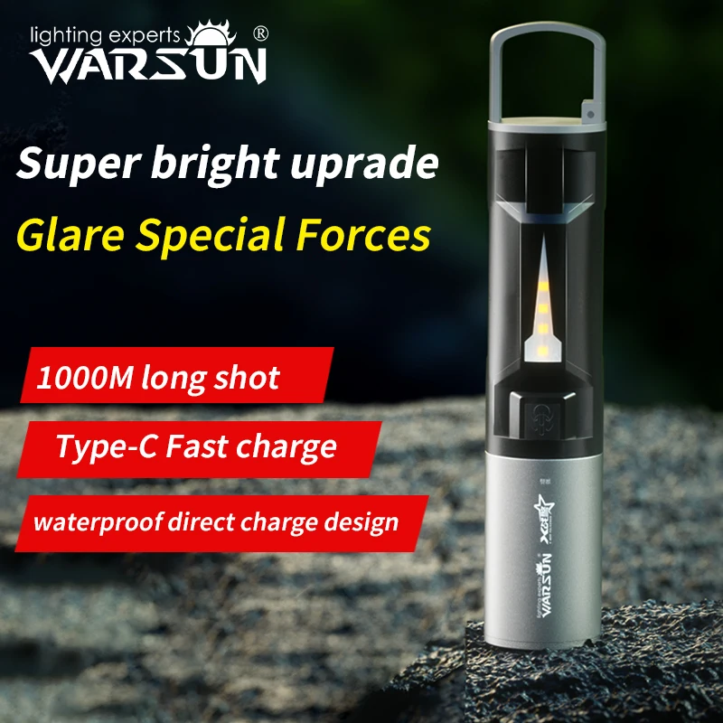 Warsun LED Rechargeable Flashlight Multifunctional outdoor Torch Portable 4 Lighting Modes Zoomable Waterproof Camping Light
