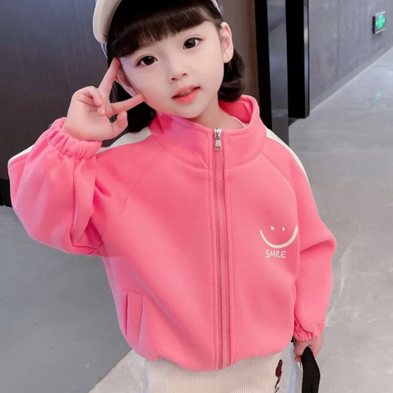 

2023 Spring Autumn Kids Girls Coat Cotton Printed Smile Letters Zipper Jackets Loose Patchwork Sports Stretch Children Outerwear