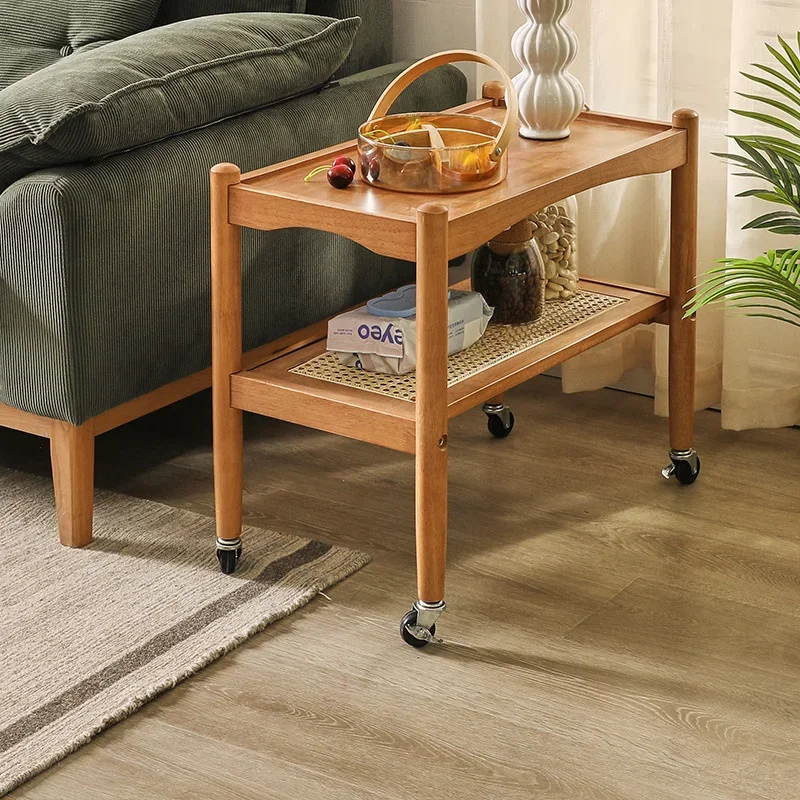 Solid Wood Removable Sofa Coffee Table Double Layer Rattan Woven Living Room Low Table Walnut Wheel Tea Cart