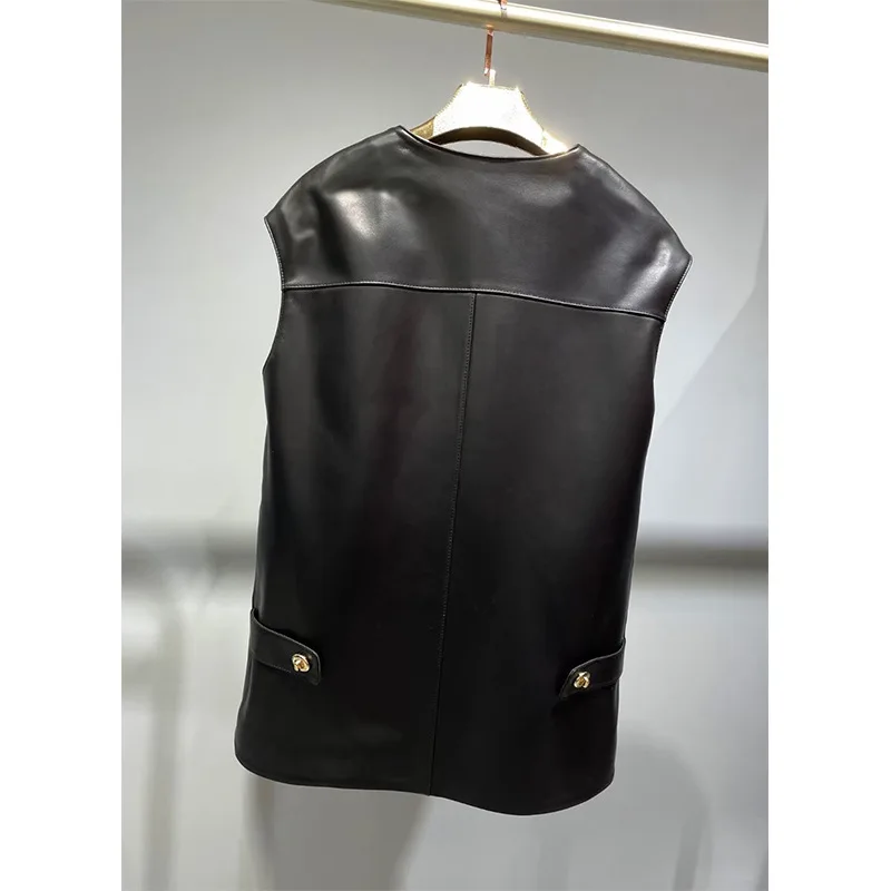 2023 Spring Autumn New Arrival Women Casual  Genuine Leather Vest O-Neck Simple Fashion Jacket