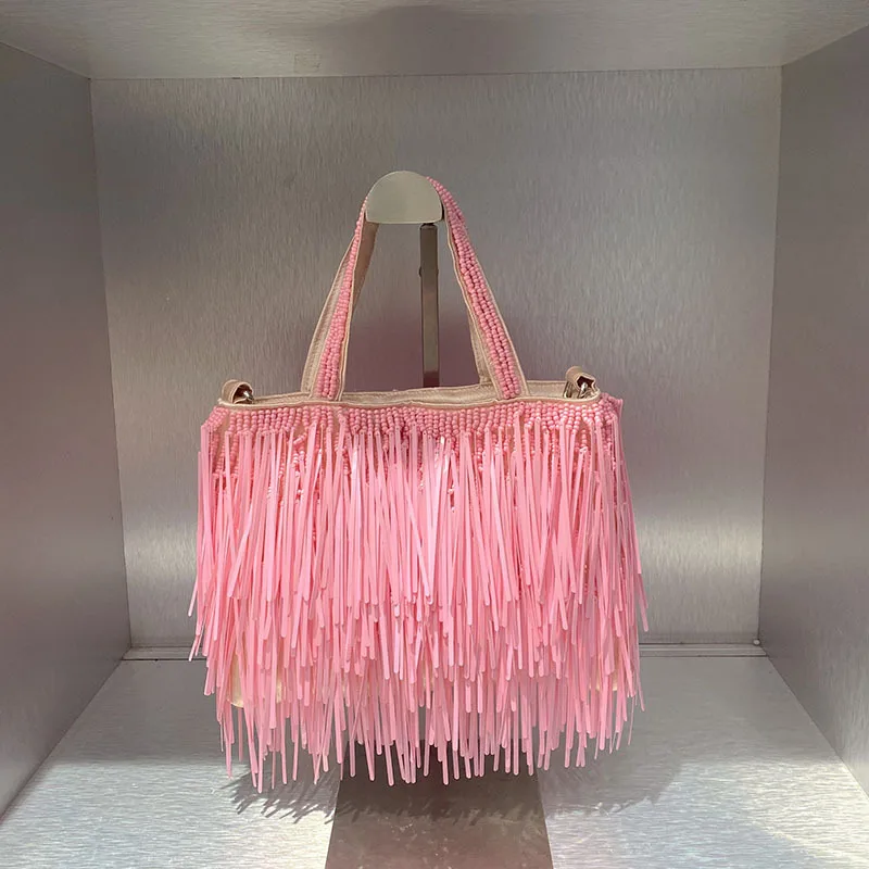 Casual Tassel Woven Women Shoulder Bags Handmade Fringe Lady Handbags Summer Beach Large Tote Bag Big Shopper Purse for Vacation