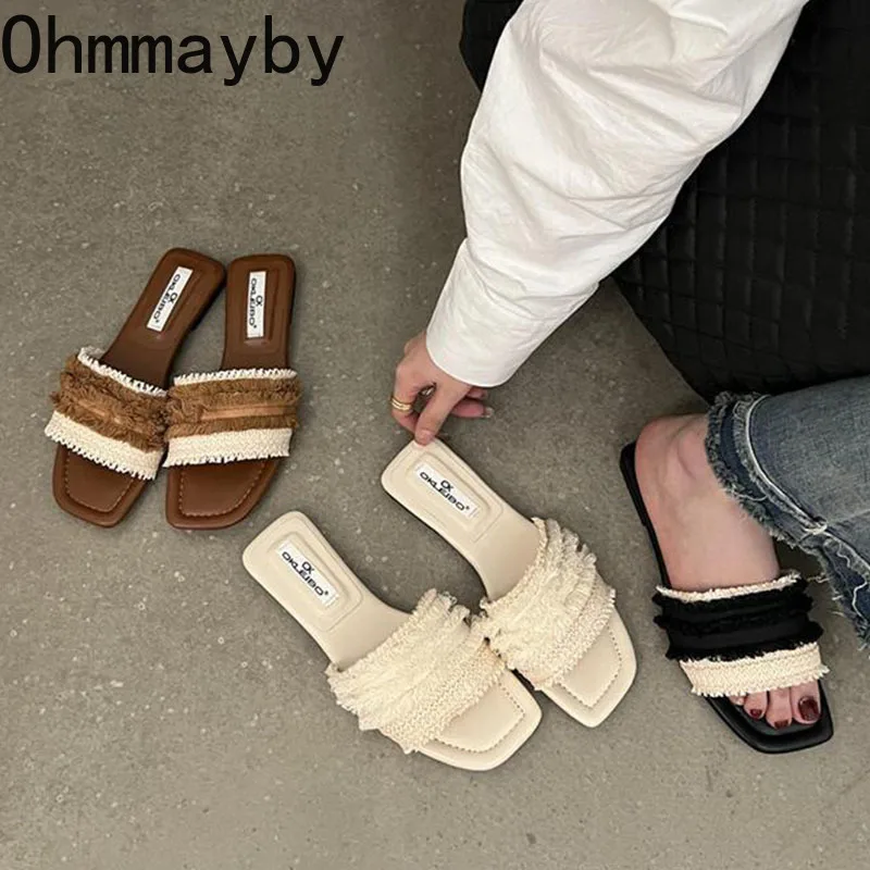 

Женские богемные шлепанцы с кисточками, уличные пляжные шлепанцы на плоской подошве, удобная обувь с открытым носком, лето 2024