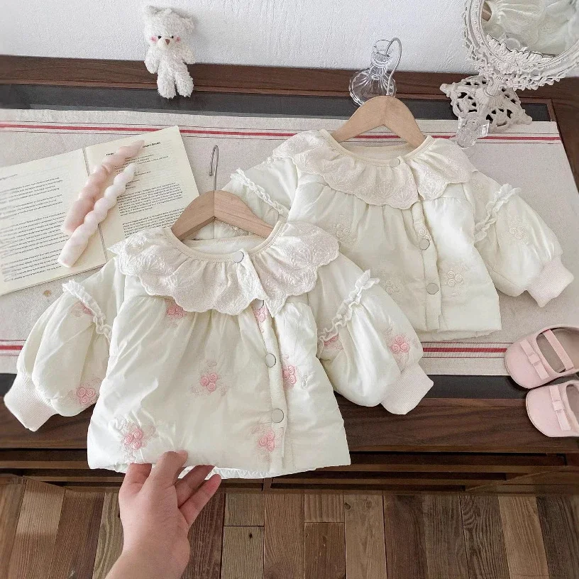 4982 Korean Girl Cotton-padded Jacket Coat Winter New Plus Velvet Children Warm Embroidery Princess Girl's Coat Outfits