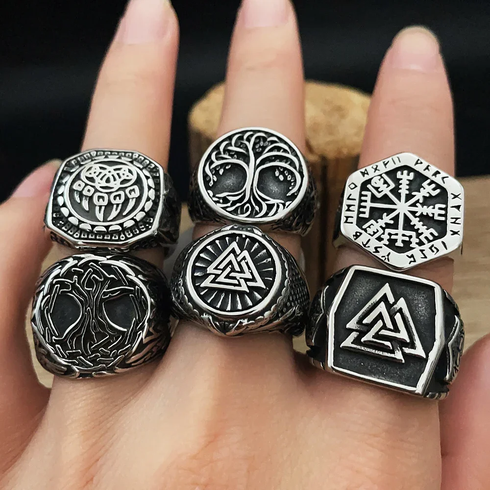 316L Stainless Steel Nordic Viking Ring Valknut Compass Tree of Life Wolf Vintage Men Ring Amulet Jewelry for Boyfriend As Gift