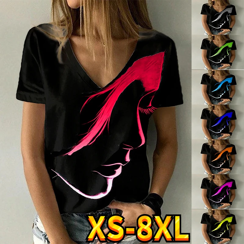 

2022 Summer Women's Abstract Print Painting Pullover V Neck Tops New Female Casual Short Sleeves Fational T Shirts