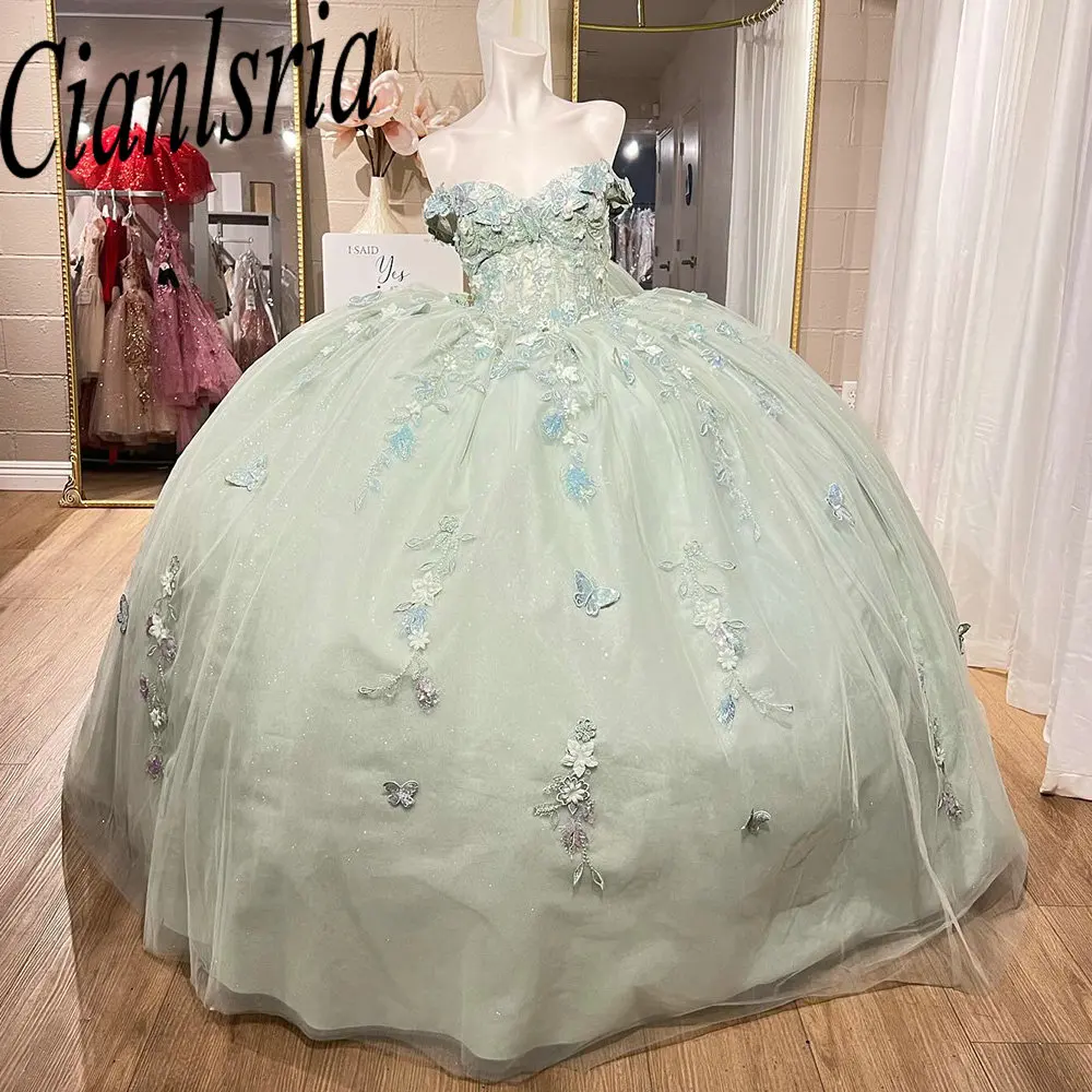 

Mint Green Illusion Appliques Lace Quinceanera Dresses Ball Gown Off The Shoulder 3D Flowers Sweet 15 Birthday