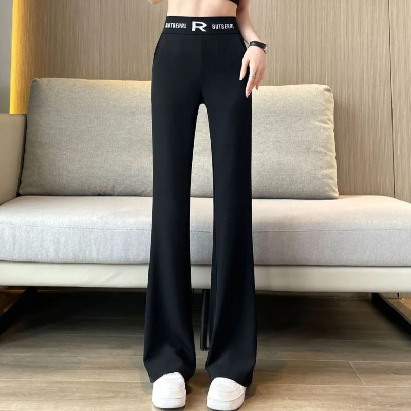 

Autumn and Winter Women's Solid Colors Letter Elastic High Waist Fashion Slim Boot Cut Pants Pockets Classic Casual Commuter Tro