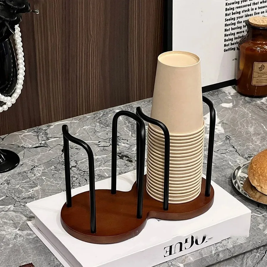Disposable Cup Storage Holder Rack Shelf Water Tea Cups Wood Dispenser with Longer Stick Mug Display Stand Organizer Supplies 5