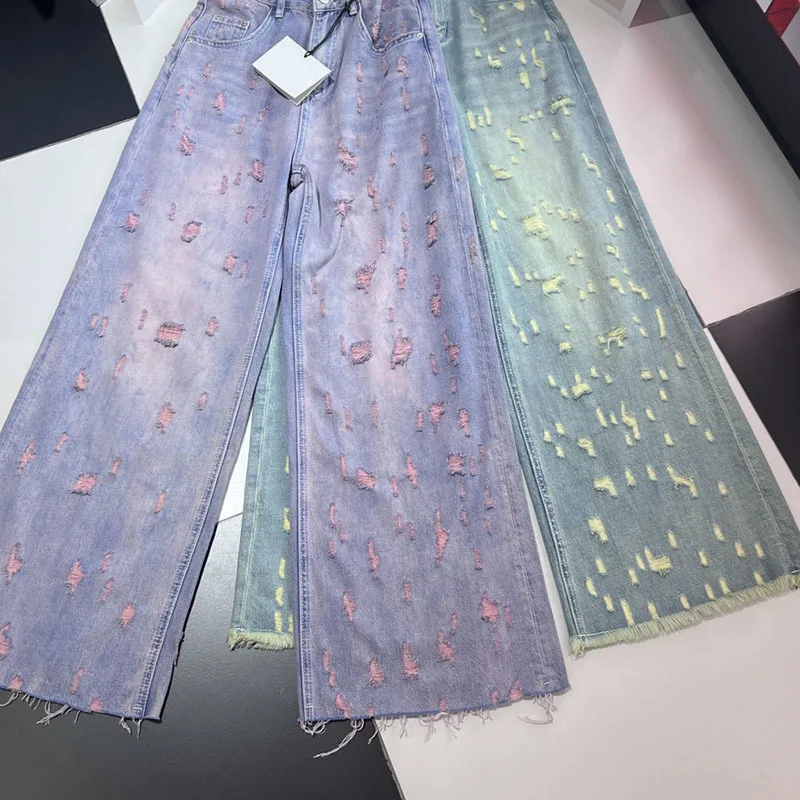 

Women's New 2 Color Make Old Retro Hole Jeans Fashion High Waist Wide Leg Straight Denim Pants High End Clothing Street Wear 24