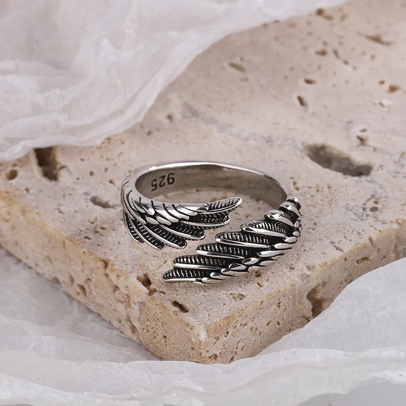 925 Sterling Silver Angel Wings Feather Thai Silver Open Rings For Women Girl Female Open Rings For Women Bague LR039 3