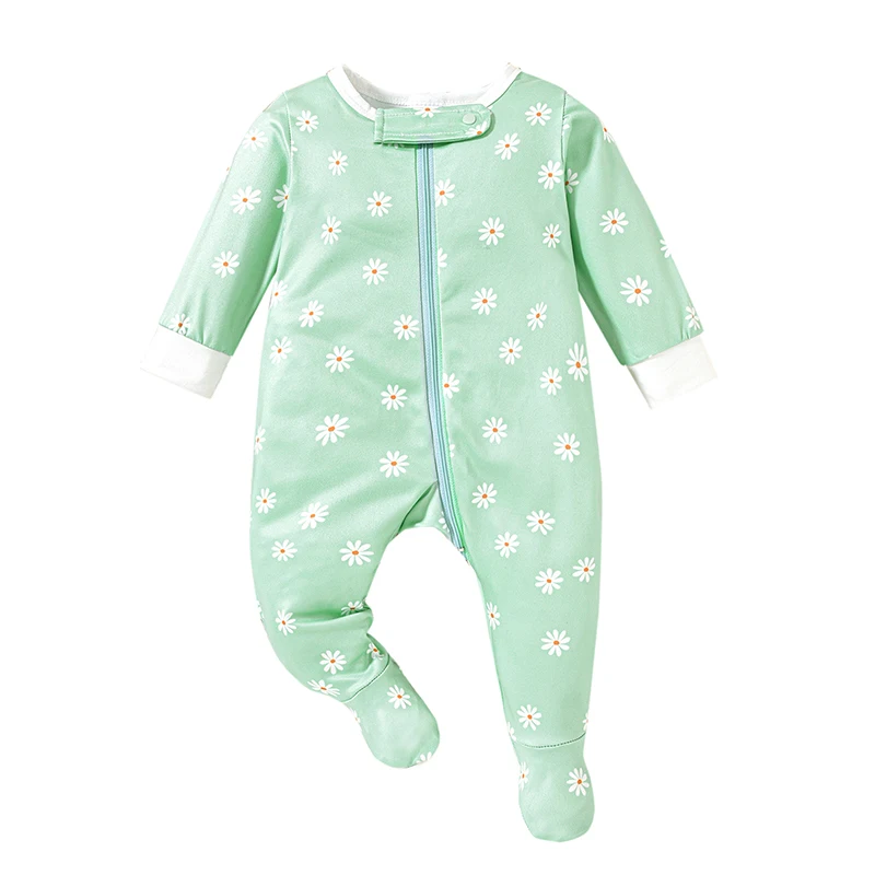 Pudcoco Infant Newborn Baby Girls Footies, Long Sleeve Crew Neck Zip Closure Flower Print Fall Jumpsuit Clothes 0-18M
