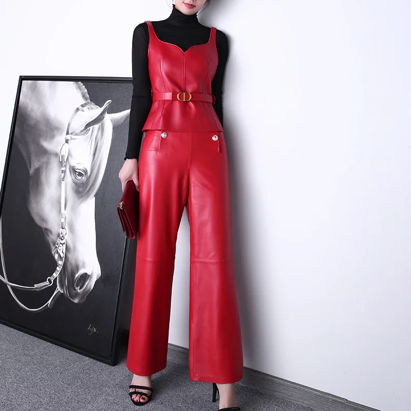 Women's Double Breasted Sheepskin Leather Pants, Straight Trousers, High Waist, Metal, Spring, Autumn