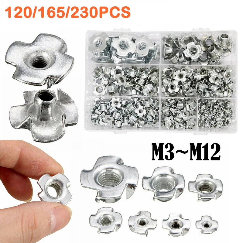 120/165/230pcs M3m12 Carpentry Tools Fourpronged T Nut Blind Pronged