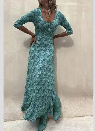 

2023 spring autumn flower print casual dress Women 1/2 sleeve v-neck A-line maxi dress Retro vintage clothes