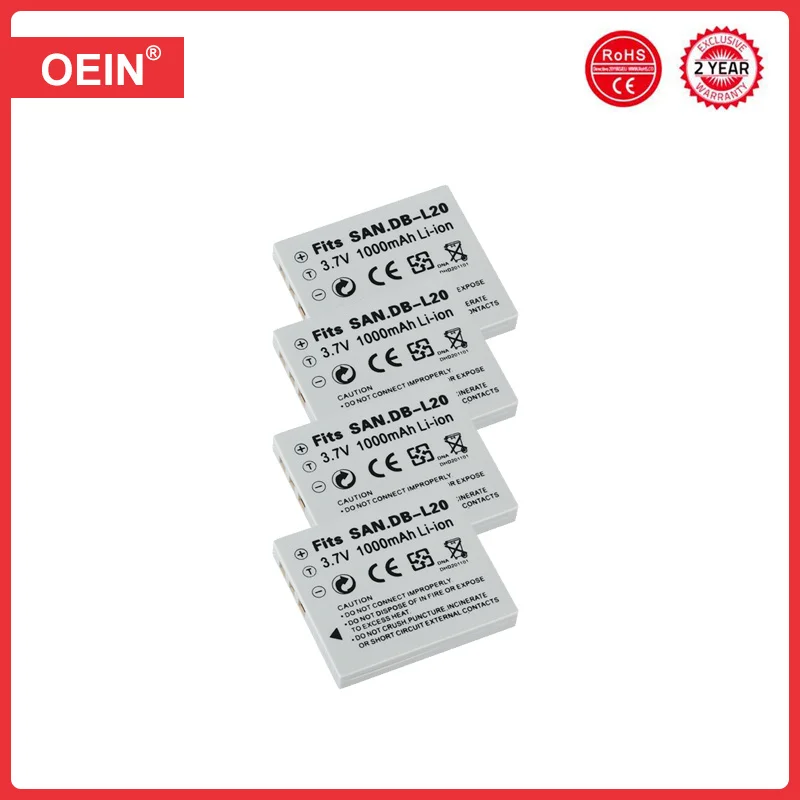 Rechargeable Battery Camera Battery Rechargeable Battery Charger 4Pcs DB-L20 battery + AC wall mounted charger + car plug for Sanyo VPC-CA65 CA8 CA9 CG6 CG65