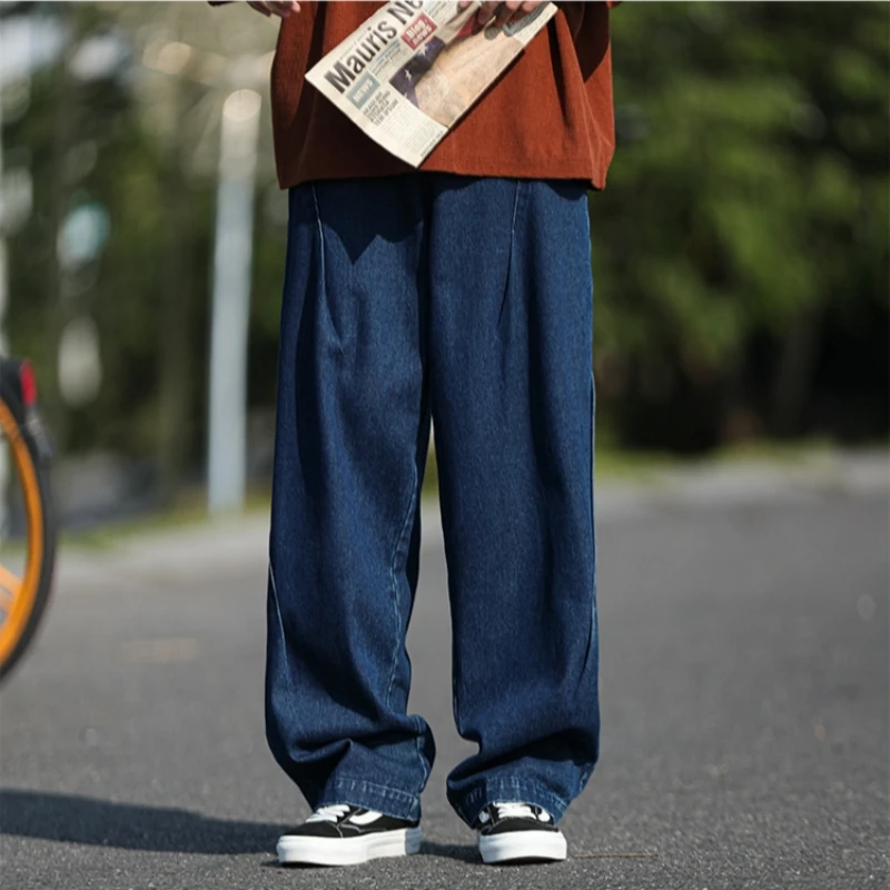 Men's Retro Pure Cotton Jeans Loose Straight Tube Pants High Street Fashion Versatile Wide Leg Pants Oversized Workwear Trousers