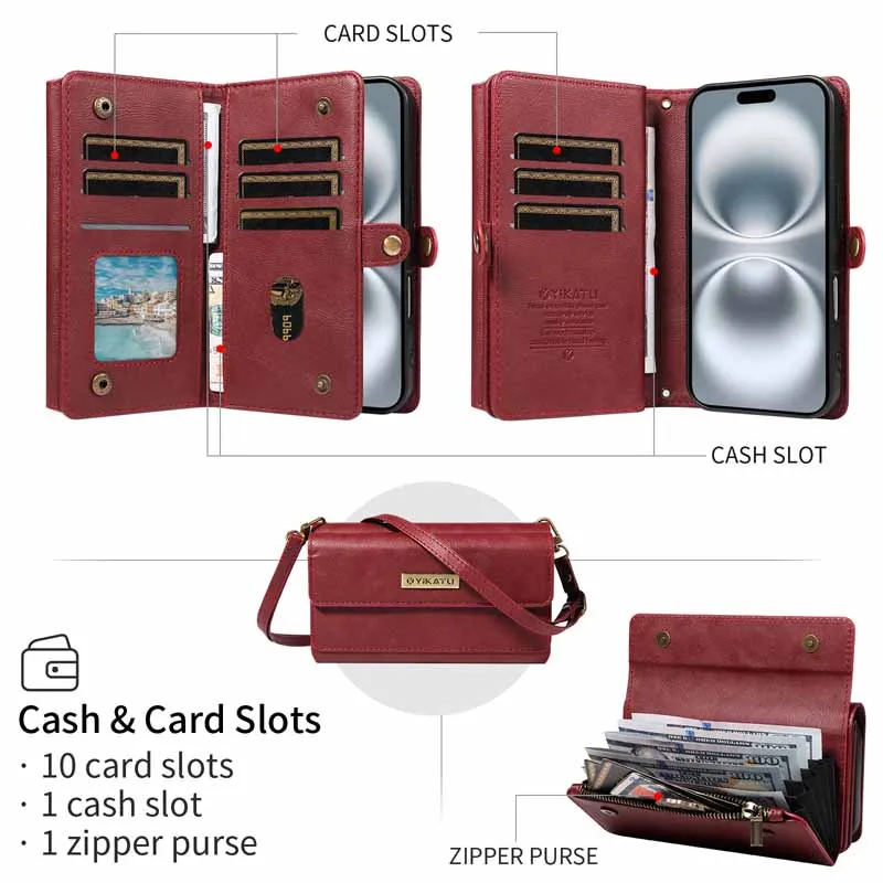 Leather Wallet Case with Multi Card Slots and Zipper Flip Cover