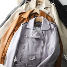 FMFSSOM Frühling Herbst Frauen Reißverschlüsse V-ausschnitt Faux Leder Jacke Minimalistischen Neutral Stil Braun Motorrad Jacke PU Streetwear