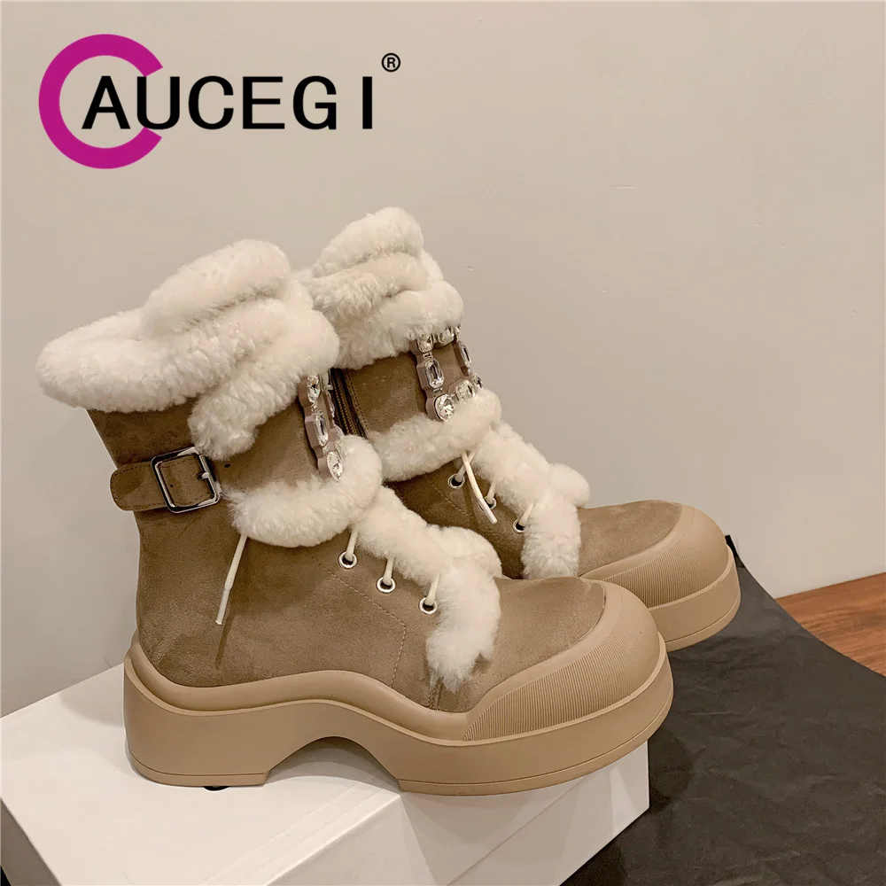 

Aucegi Winter Keep Warm Snow Ankle Boots Flock Round Toe Thick High Heels Lace Up Bling Rhinestone Buckle Casual Handmade Shoes