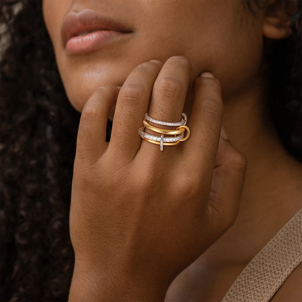 Fashion Luxury Cubic Zirconia Gold Plated Multilayer Connecting Rings Set for Women Mixed Color Stackable Finger Ring Jewelry