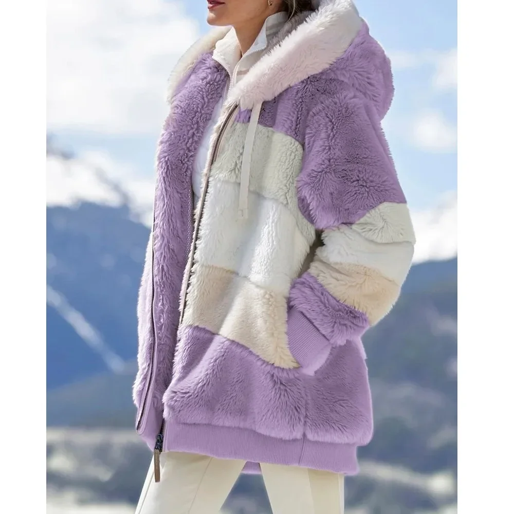 Winter Fashion Women's Coat 2024 Hooded Zipper Ladies Jacket Spliced Thick Cashmere Women Jacket Stitching Plaid Ladies Coats 5
