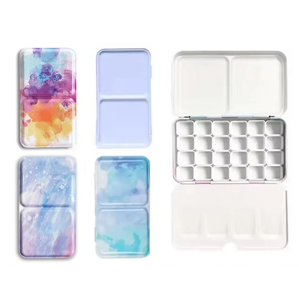 Paint Tray Color Palette Watercolor Palette Portable Empty Watercolor Tin Box Storage Iron Paint Tray Palette with 24 Half Pans For Painting