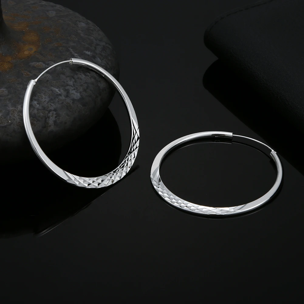 

925 Sterling Silver 50MM Rhombic Pattern Big Hoop Earrings For Women Fashion Luxury Jewelry Wholesale 2024 Trend Jewellery