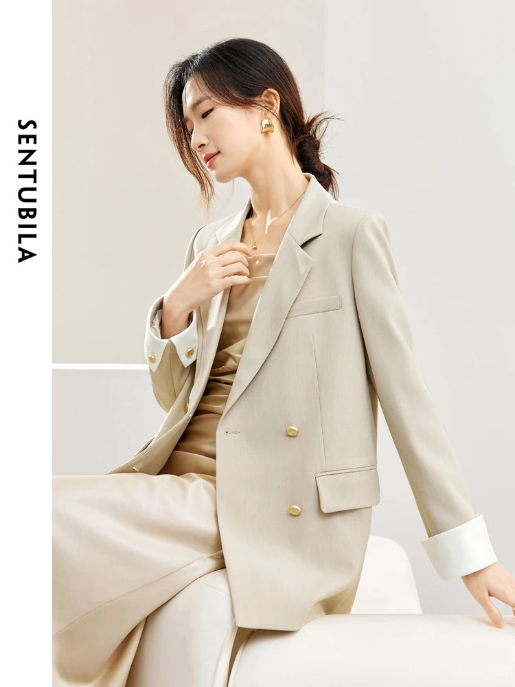 SENTUBILA Straight-cut Blazer for Women 2024 Spring Office Wear Light Khaki Suit Jacket Padded Shoulder Blazers Coat 141X53157