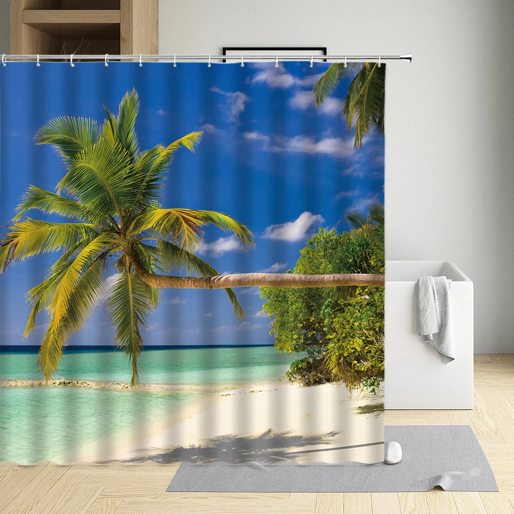 Ocean Sandy Beach Scenery Shower Curtain Sky Palm Trees Modern Environmental Protection Waterproof Cloth Decor Screen With Hooks