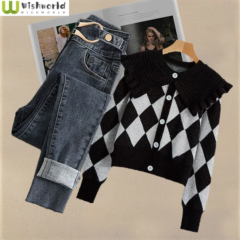 Autumn and Winter Women's Set 2022 New Korean Fashion Doll Neck Rhombic Knitted Sweater Women's Slim Fit Jeans Two Piece Set