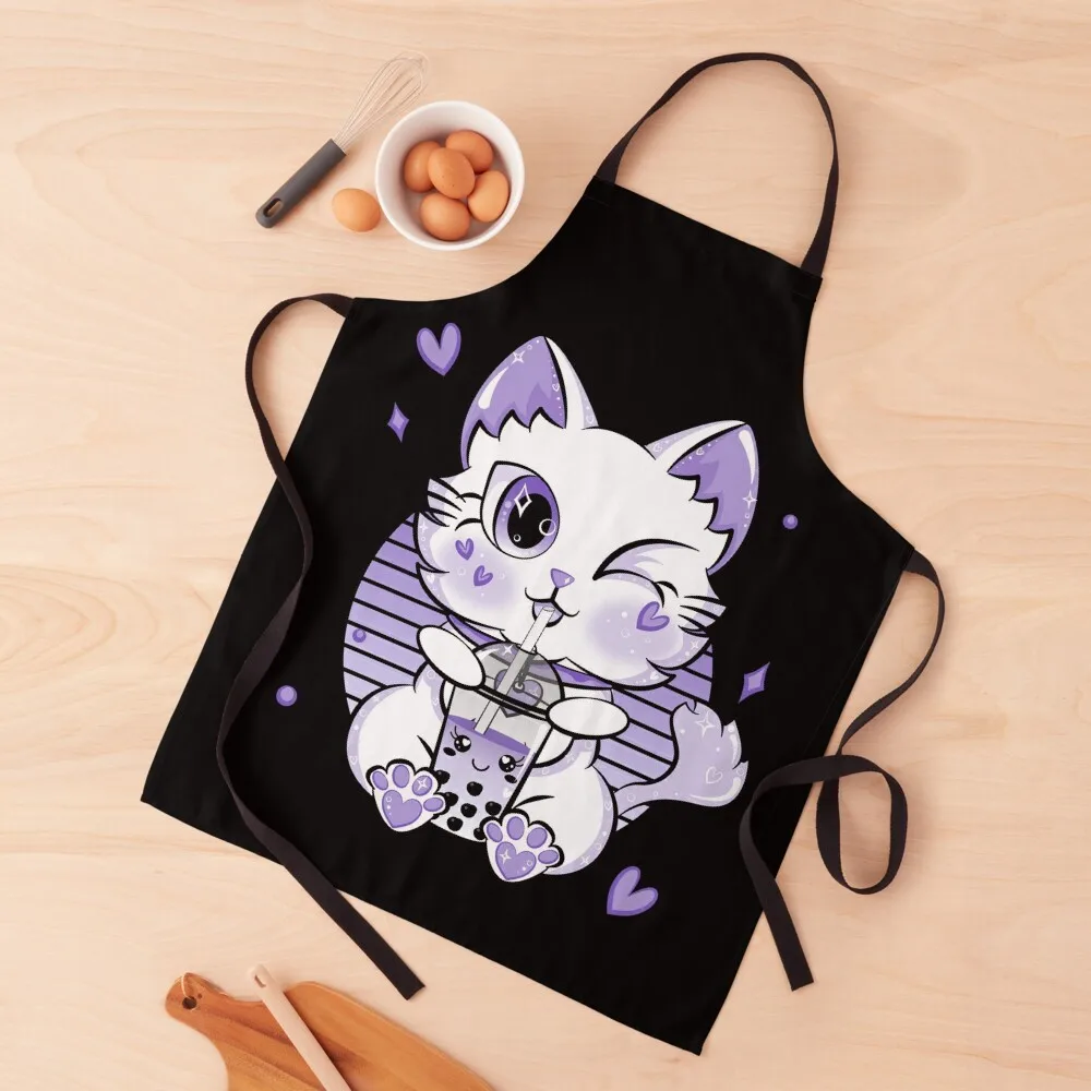 

Cute Boba Tea Drink Kawaii Neko Cat Boba Tea Apron Kitchen Things And For Home Chef jacket men Household Items Kitchen Apron