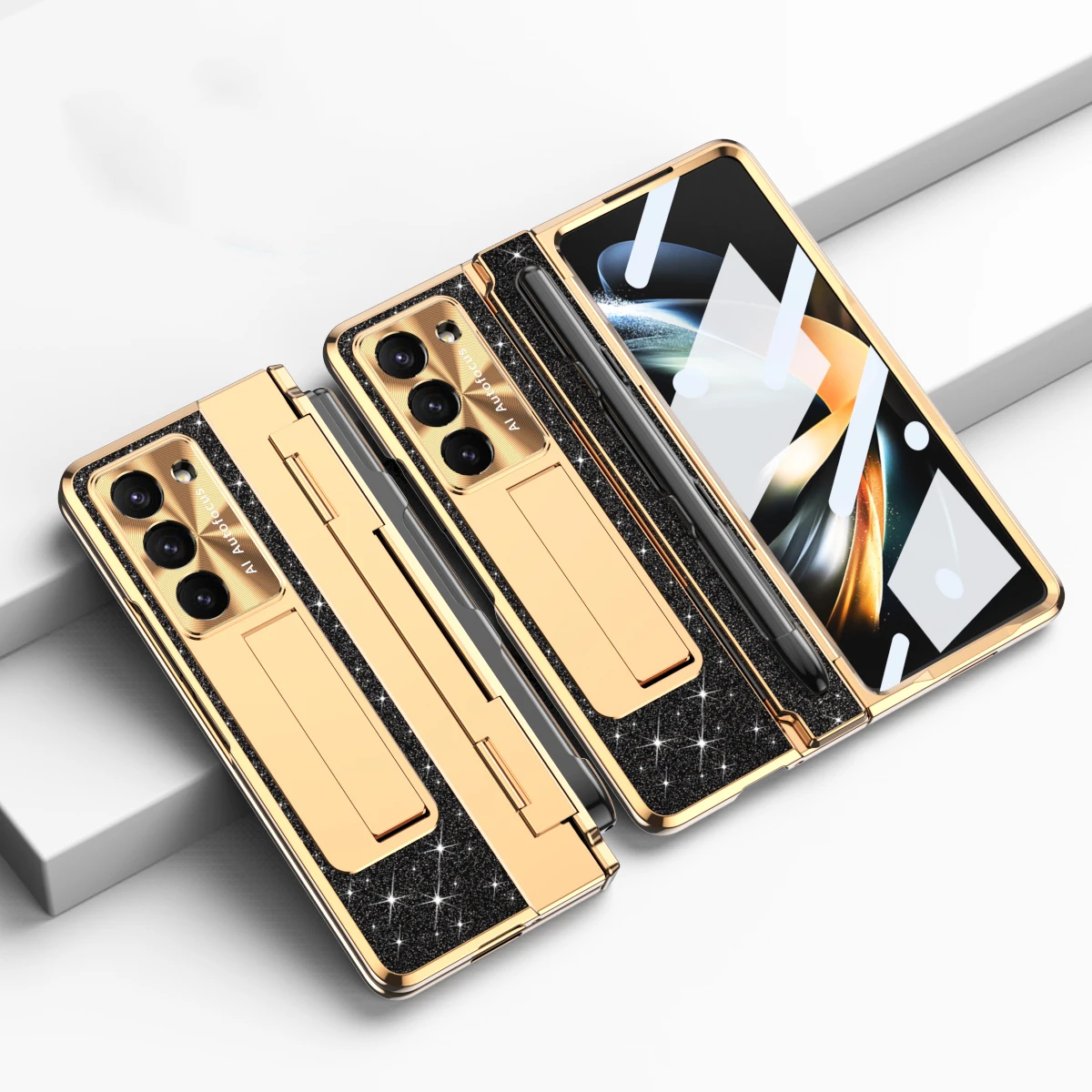 With S Pen Holder For Samsung Galaxy Z Fold 5 4 3 Case Hinge Glitter Bling Plating Leather Luxury keyboard Full Protection Cover