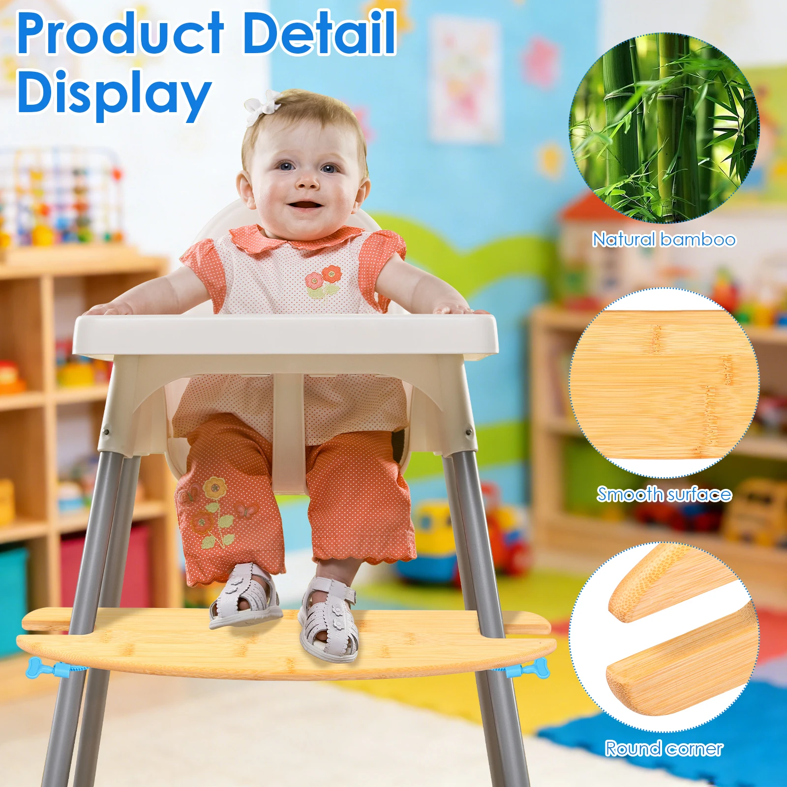 Baby High Chair Footrest Bamboo Wooden Height Adjustable Baby Highchairs Pedal with Rubber Rings Universal Highchair Accessory - 2