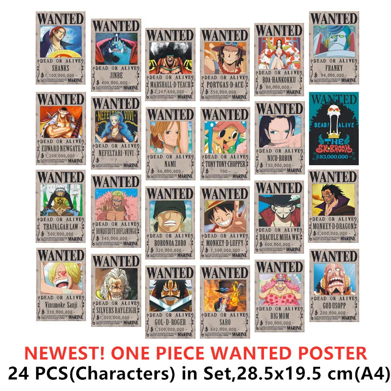 

24 PCS/LOT ONE PIECE Luffy Gear 5 Wanted Poster Jinbe Nami Chopper Robin Zoro Sanji Usopp SABO ACE LAW ONEPIECE Sticker Toy