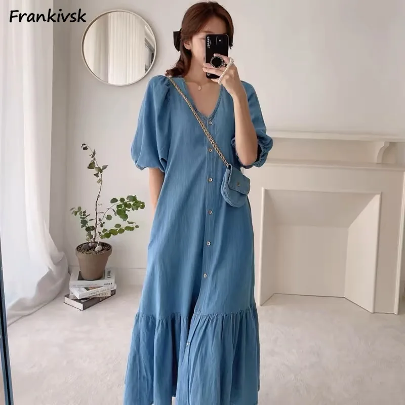 

Dresses Women Summer Short Sleeve Casual Korean Style Retro Classic Tender Fashion Single Breasted All-match Simple Cozy College